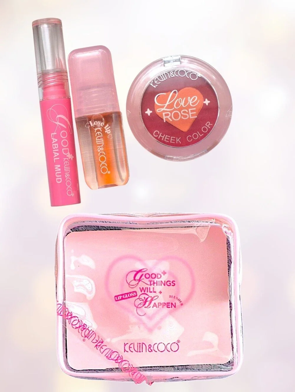 KEVIN & COCO Good Things Will Happen 3-Piece Lip & Rose Blush Set w/Travel Case